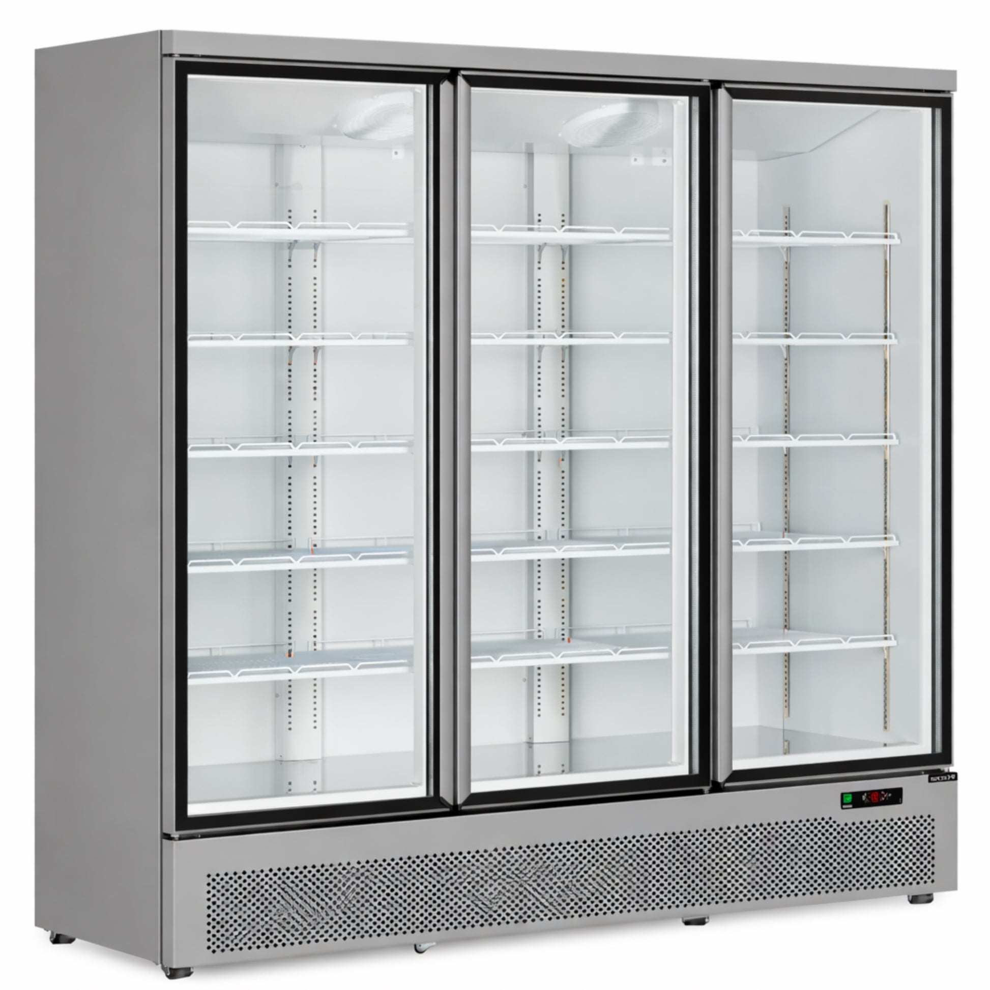 Commercial refrigerator with glass doors on a white background
