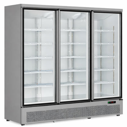 Commercial refrigerator with glass doors on a white background
