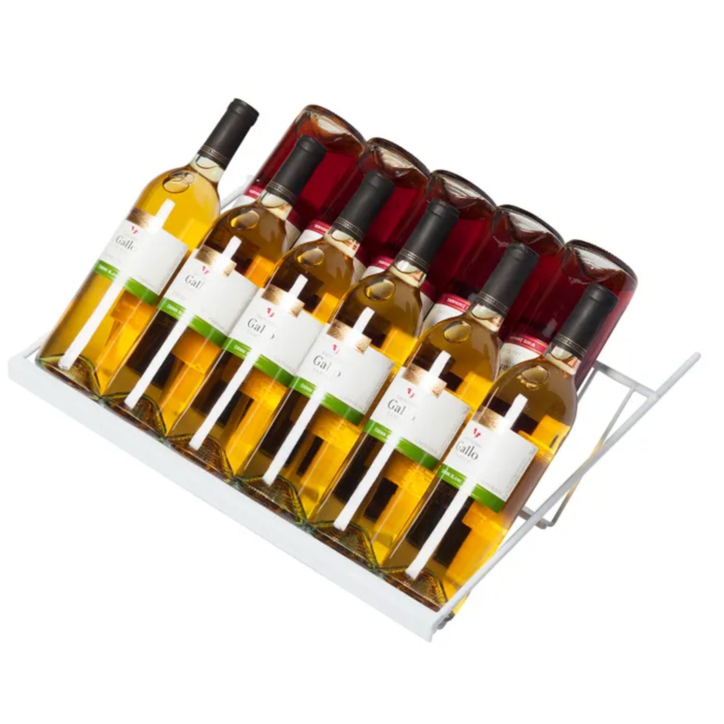 Set of wine bottles in a metal holder on a white background