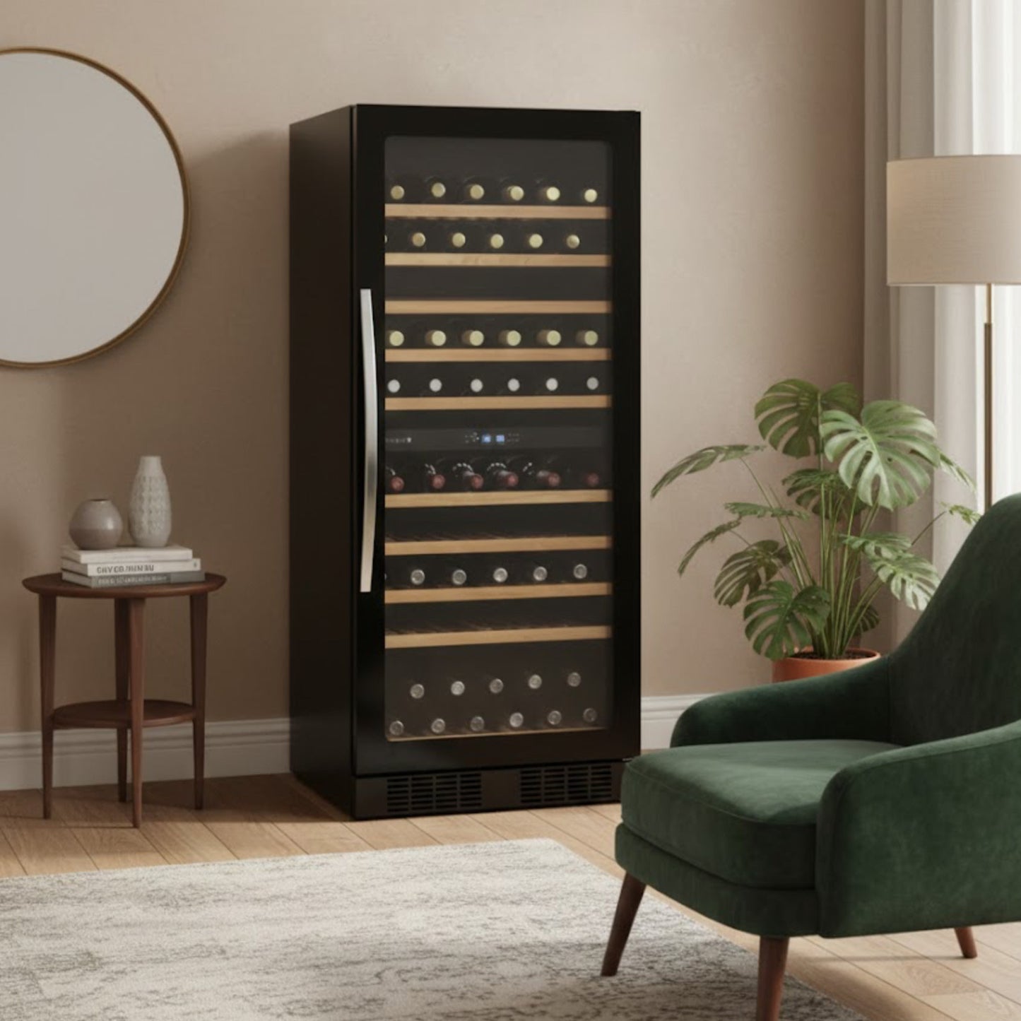 Black wine cooler in a modern living room with a green armchair and plant.