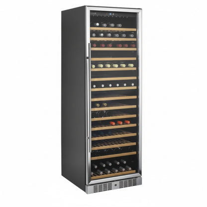 Wine cooler with bottles arranged in multiple shelves on a white background