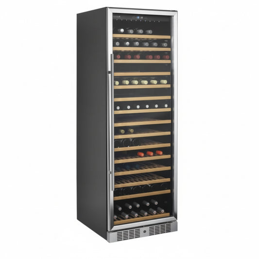 Wine cooler with bottles arranged in multiple shelves on a white background