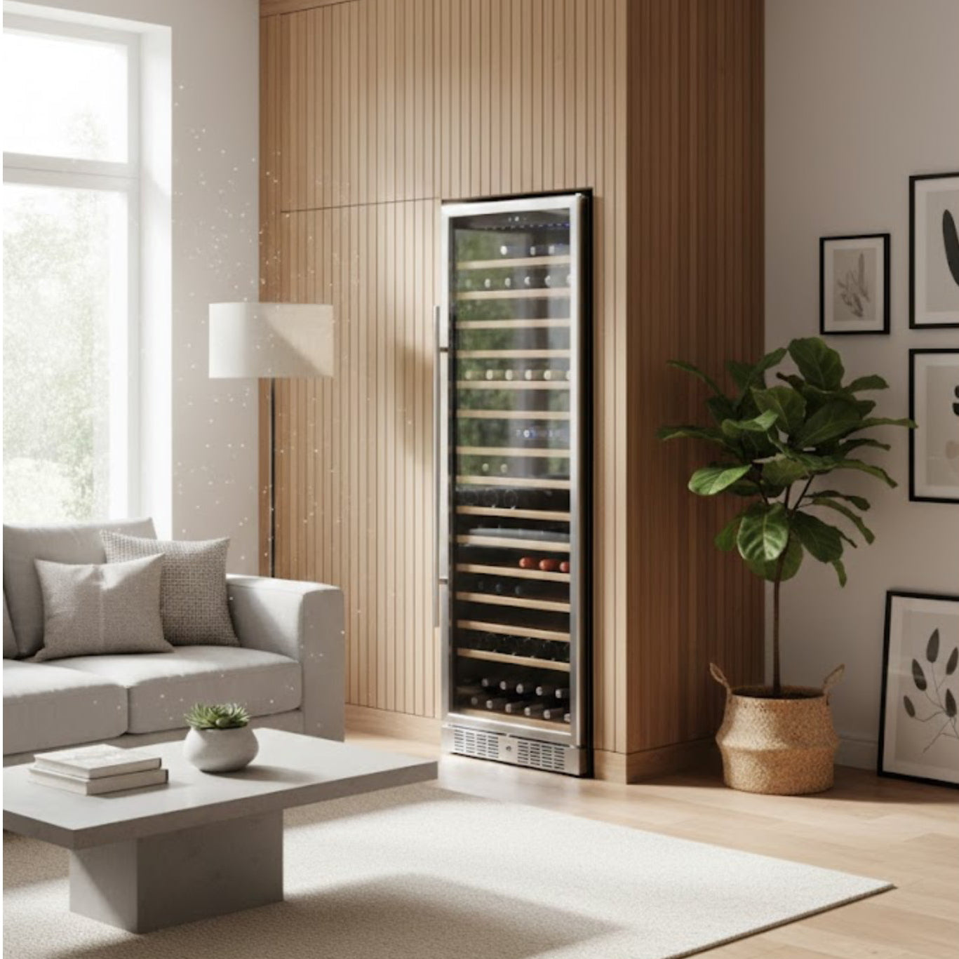 Modern living room with a wine cooler against a wooden panel wall.