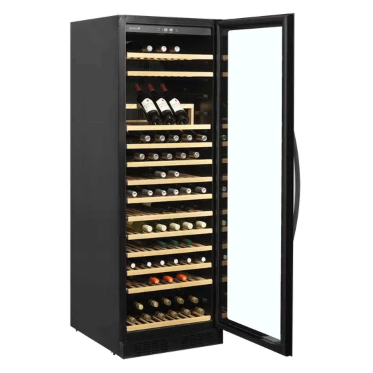 Black wine cooler with open door displaying rows of wine bottles on a white background