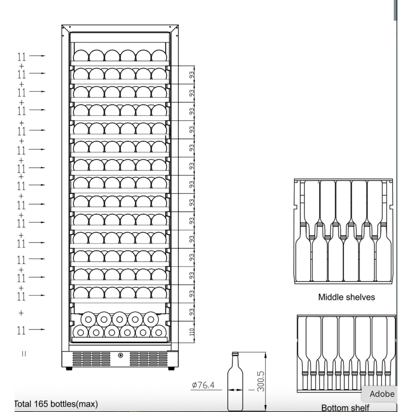 Technical drawing of a wine cooler with labeled shelves and dimensions.