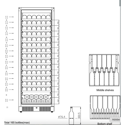 Technical drawing of a wine cooler with labeled shelves and dimensions.