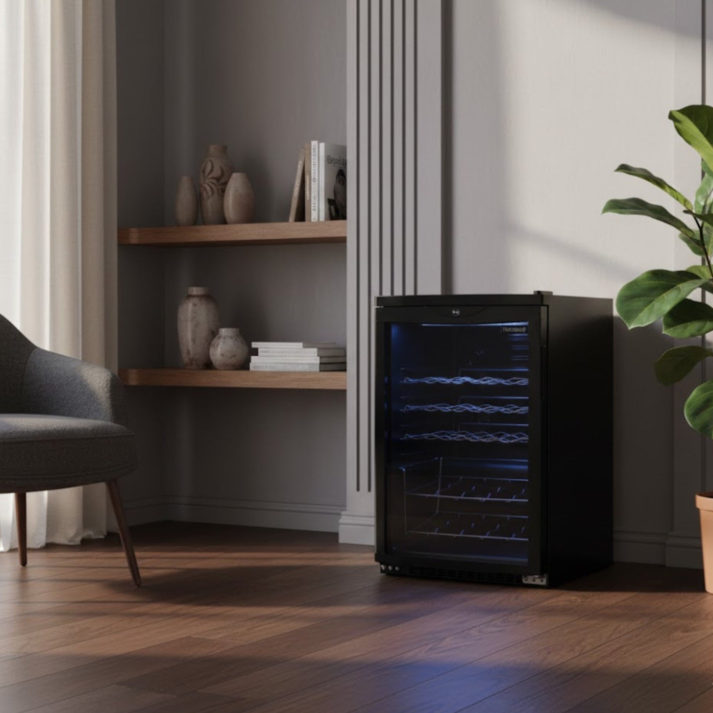 Black wine cooler in a room with a shelf and plant