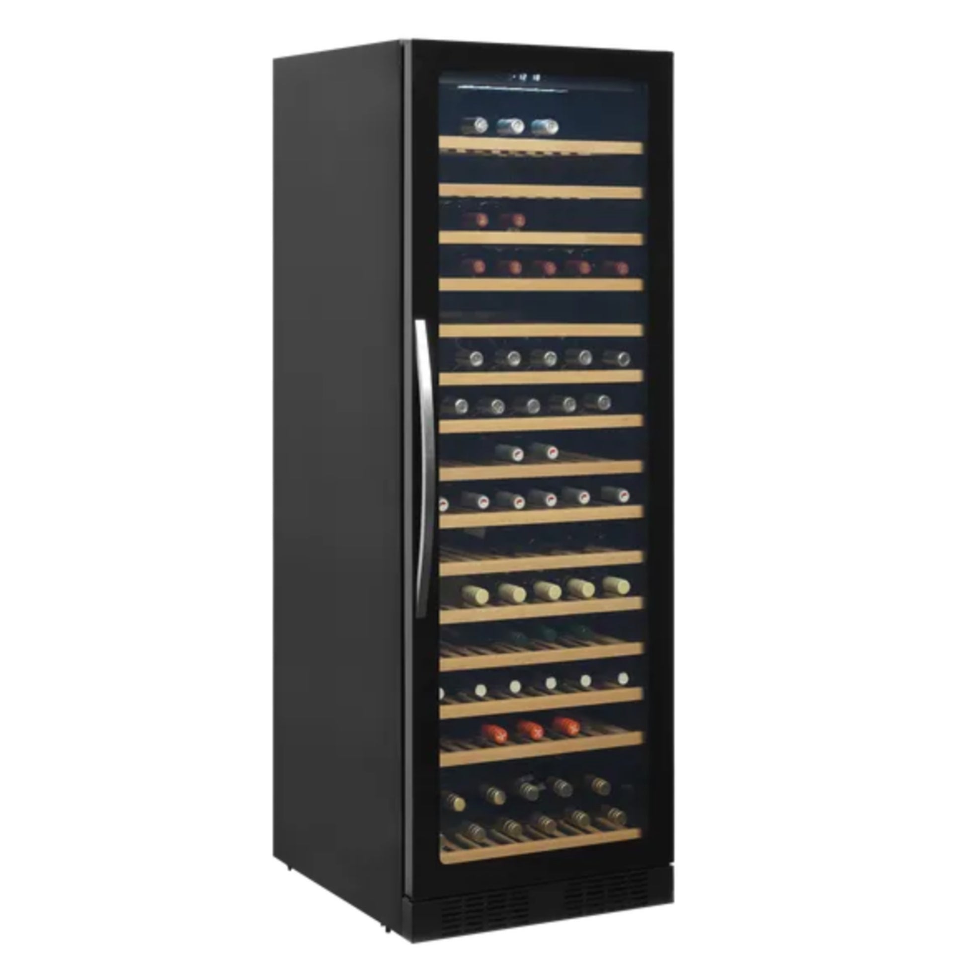 Black wine cooler with bottles inside on a white background