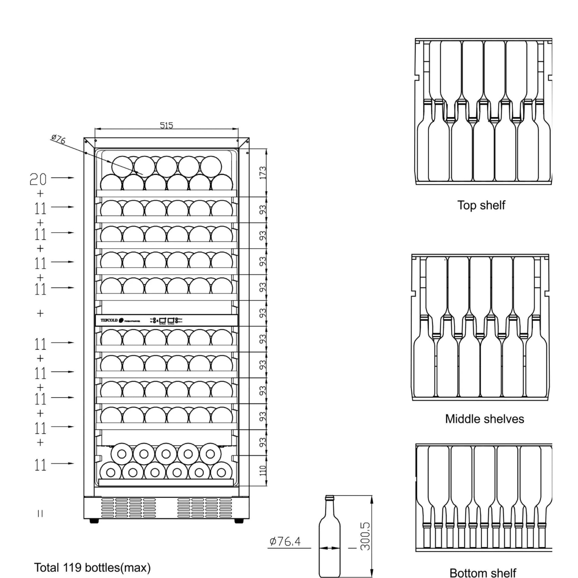 Technical drawing of a wine rack with dimensions and bottle placements.