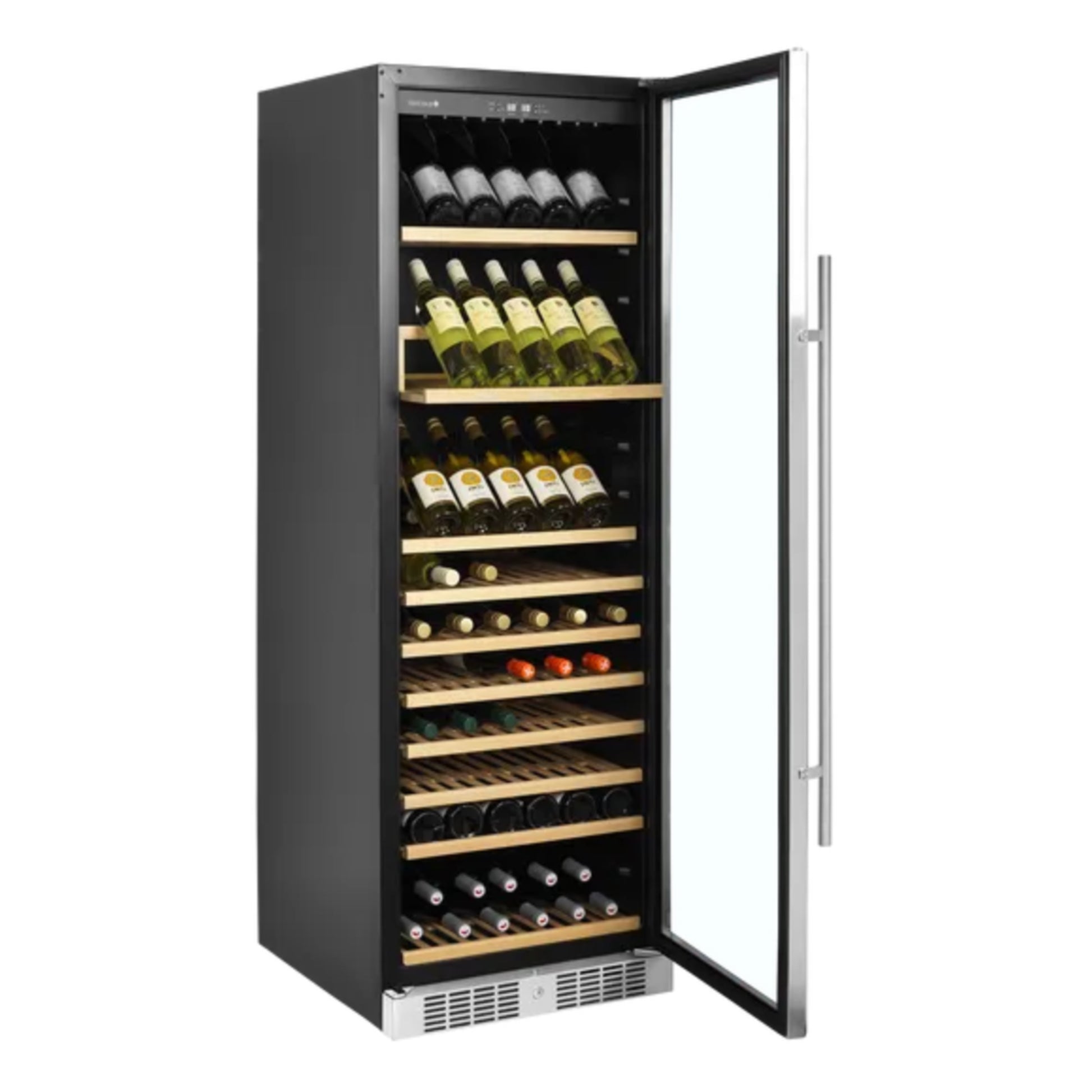 Wine cooler with open door displaying various bottles of wine on a white background