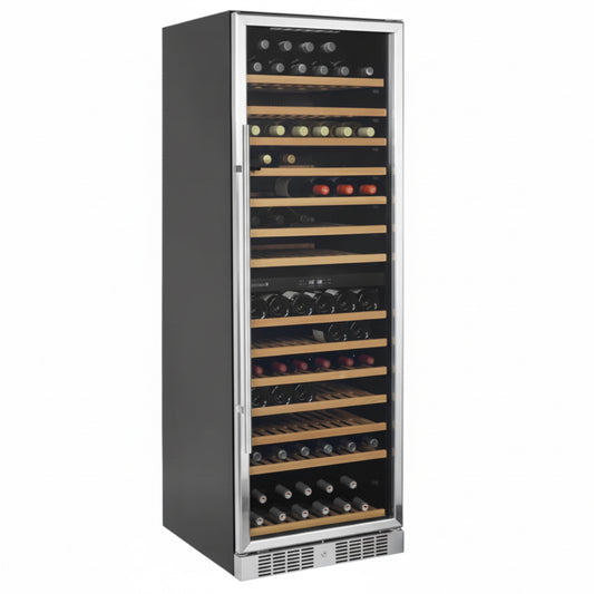 Wine cooler with glass door displaying wine bottles on a white background